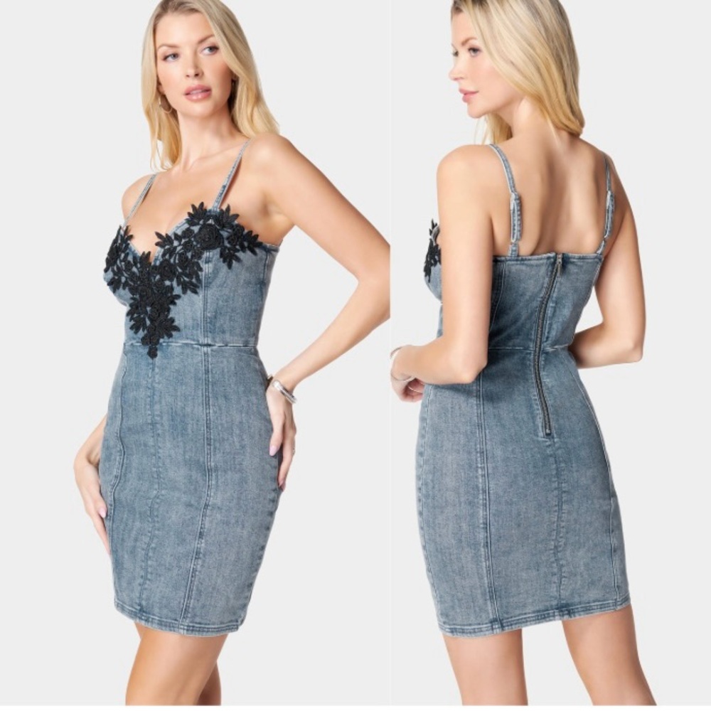 Bebe Denim Dress with Black Floral Lace